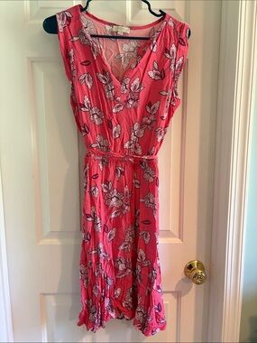 LOFT Coral Pink Floral V-Neck Sleeveless Midi Dress